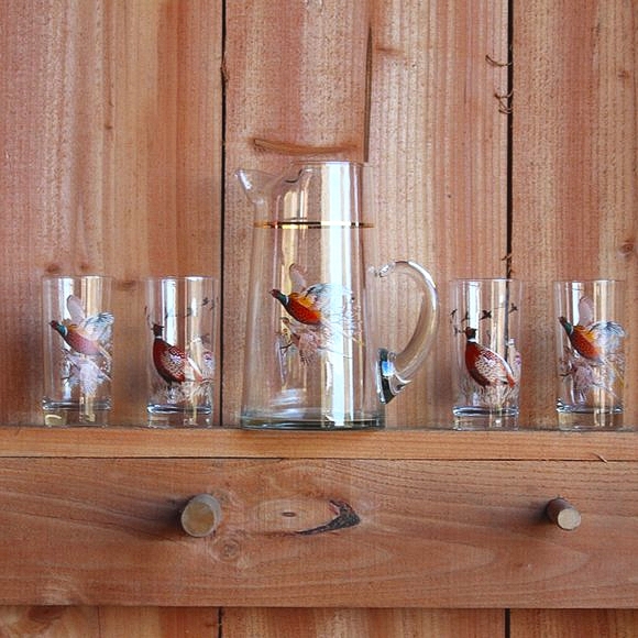 Set of 5 West Virginia Glass Vintage Pheasants In Flight 4 Glasses & 1 Pitcher - Picture 2 of 15